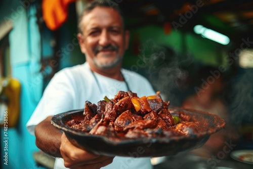 Fototapeta Naklejka Na Ścianę i Meble -  Taste of Brazil: Culinary Maestro Showcases Feijoada, the Heartwarming Brazilian Staple, Amidst the Lively Bustle of Rio's Colorful Favelas.