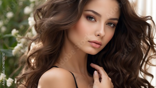 Captivating beauty with lustrous, smooth brown hair and pristine skin, a model sets the standard for hair and skincare product effectiveness Generative AI
