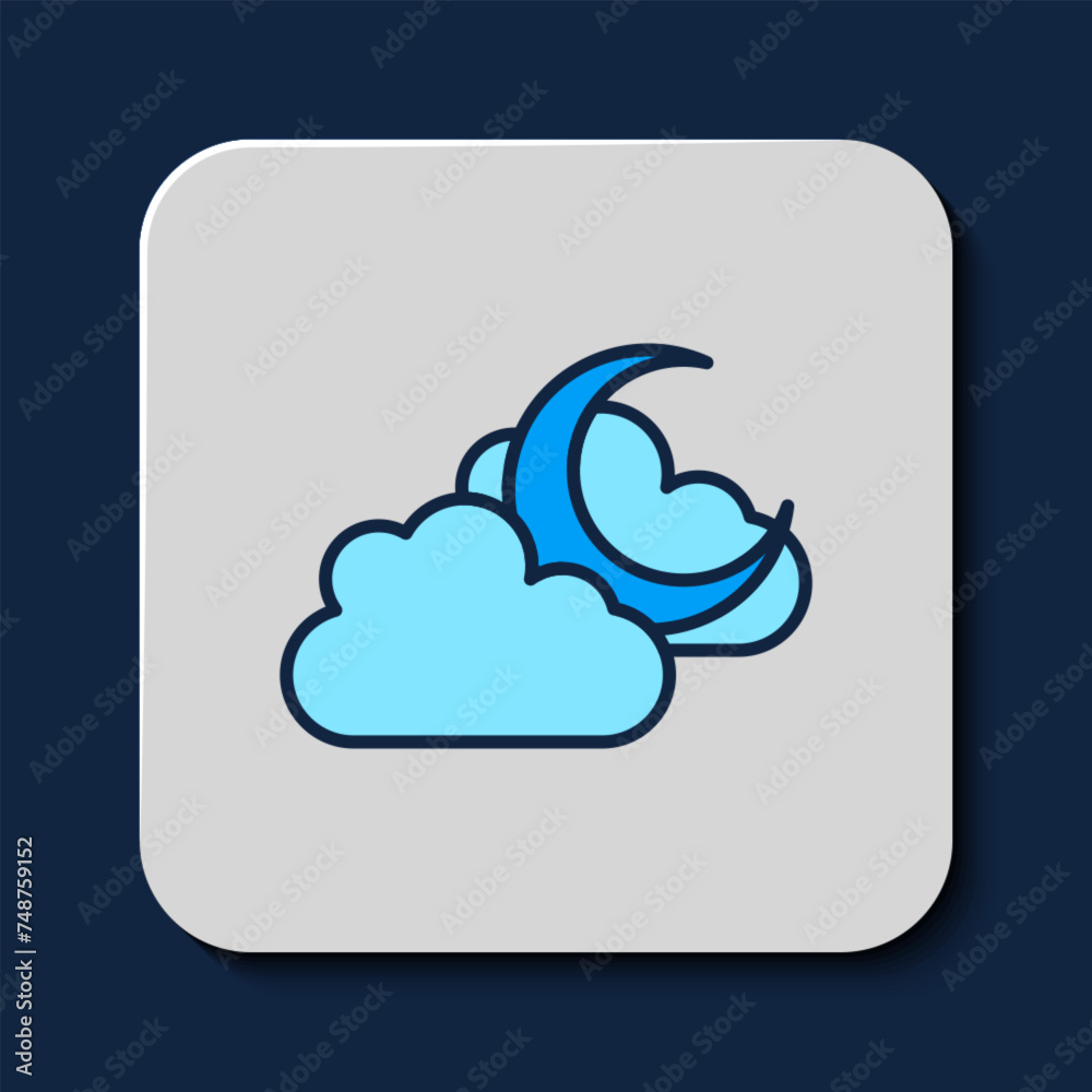 Filled outline Cloud with moon icon isolated on blue background. Cloudy night sign. Sleep dreams symbol. Night or bed time sign. Vector Filled outline Cloud with moon icon isolated on blue background. Cloudy night sign. Sleep dreams symbol. Night or bed time sign. Vector