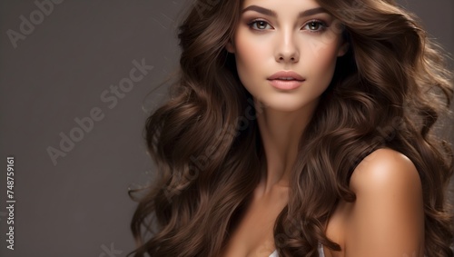 Captivating beauty with lustrous, smooth brown hair and pristine skin, a model sets the standard for hair and skincare product effectiveness Generative AI