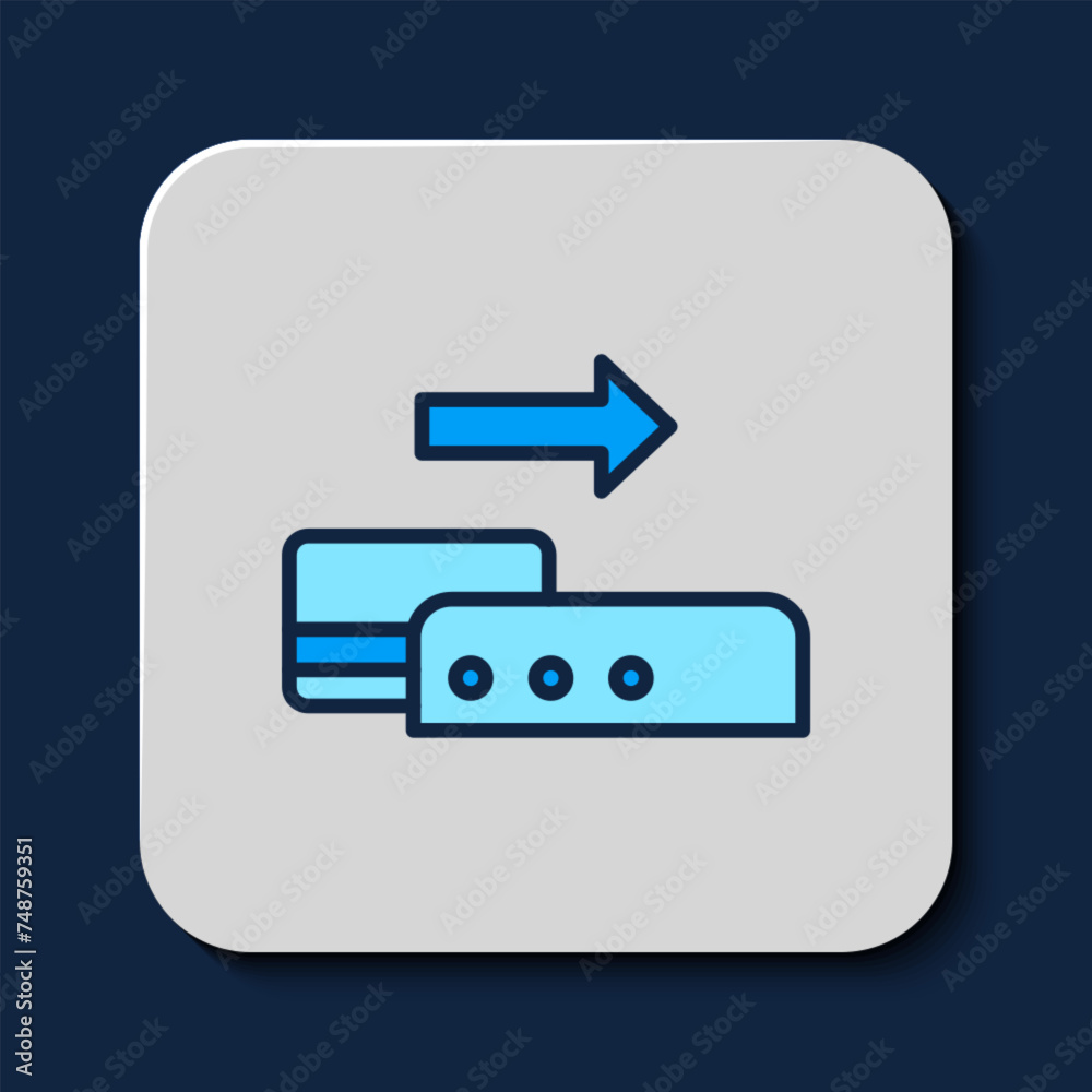 Filled outline Pos terminal with inserted credit card icon isolated on blue background. Payment terminal transaction. Pay by card. Vector Filled outline Pos terminal with inserted credit card icon isolated on blue background. Payment terminal transaction. Pay by card. Vector