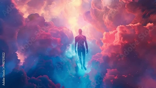A human figure floating in the sky, surrounded by colorful clouds and glowing lights, symbolizing enlightenment or spiritual awakening, photo