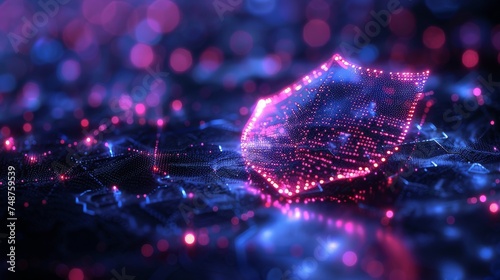Blockchain Shield: A glowing, holographic shield made of interconnected blockchain nodes, protecting digital assets from cyber threats. photo