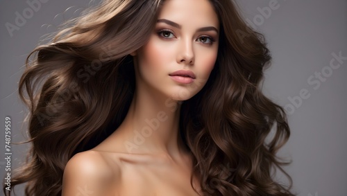 Captivating beauty with lustrous, smooth brown hair and pristine skin, a model sets the standard for hair and skincare product effectiveness Generative AI
