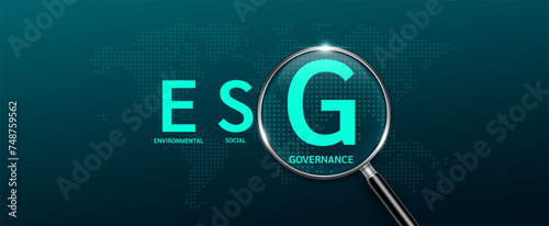 Magnifying glass look letter G green with world map. ESG of environmental, social, and corporate governance. Sustainable corporation development and planning business strategy. Banner vector.