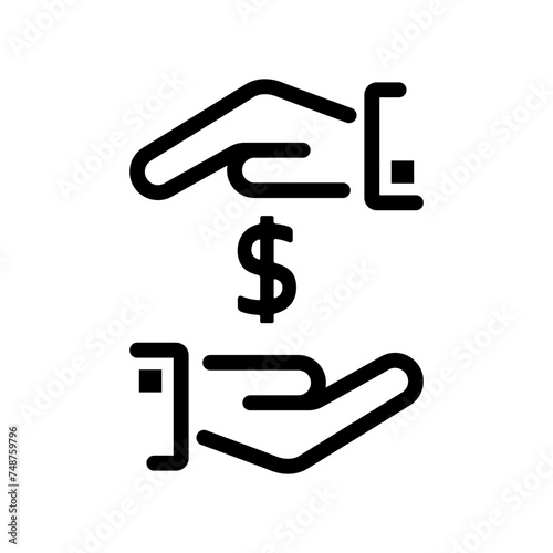Protection money minimal icon black line. Man holding hands over money to protect. Concept of safe and secure investment, insurance. Vector illustration flat design style. Gold coins under shield.