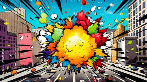Comic Streets Boom Explosion Cloud 3D. Pop Art Explosion on a city street
