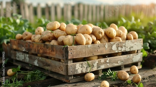 Raw young potatoes in wooden crate at field, summer day. Generative AI. © visoot