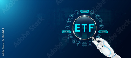 Robot holding magnifying glass look letter ETF blue exchange traded fund. Trading investment stock market. Icons finance, saving, bank. Planning business strategy index fund growth. Banner vector.
