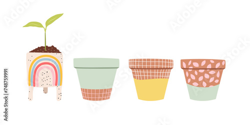 Clay flowerpots isolated on white background.