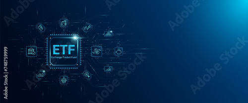 ETF letters in microchip processor circuit board. Exchange Traded Fund. Planning business strategy index fund. Trading investment stock market. Innovative technology digital. Banner vector.