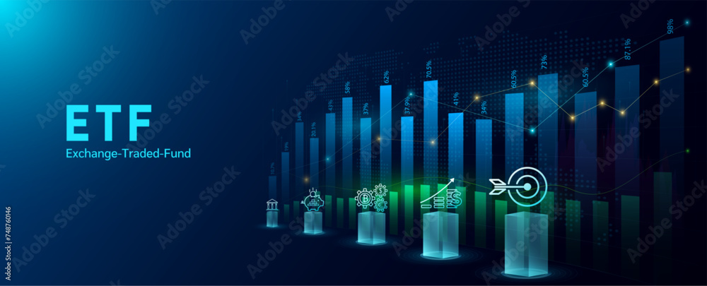 ETF Exchange Traded Fund. Trading investment stock market. Icons finance, saving, bank. Planning business strategy index fund growth. Analysis up trend of chart. Banner vector illustration. - obrazy, fototapety, plakaty 