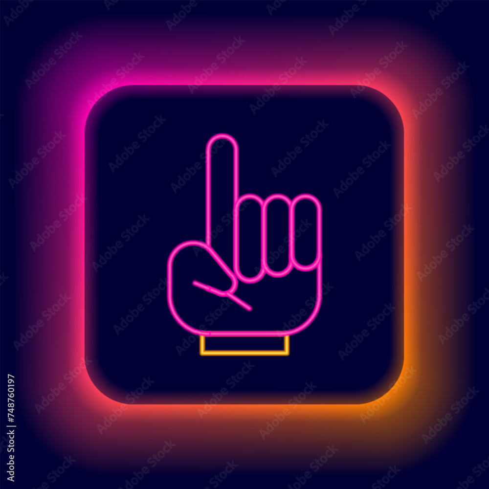 Glowing neon line Number 1 one fan hand glove with finger raised icon isolated on black background. Symbol of team support in competitions. Colorful outline concept. Vector Glowing neon line Number 1 one fan hand glove with finger raised icon isolated on black background. Symbol of team support in competitions. Colorful outline concept. Vector