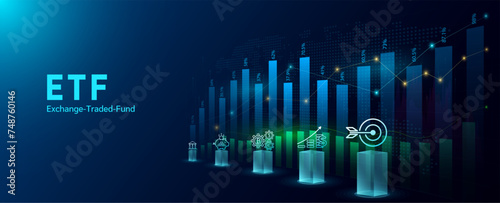 ETF Exchange Traded Fund. Trading investment stock market. Icons finance, saving, bank. Planning business strategy index fund growth. Analysis up trend of chart. Banner vector illustration.