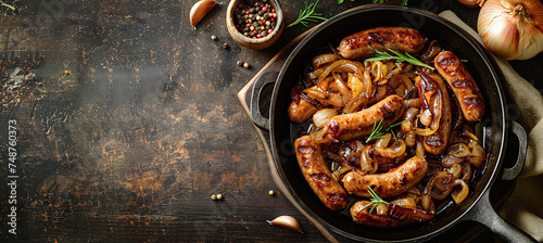 Delicious skillet with sizzling sausages and caramelized onions