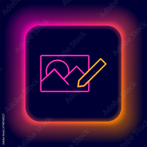 Glowing neon line Photo retouching icon isolated on black background. Photographer, photography, retouch icon. Colorful outline concept. Vector