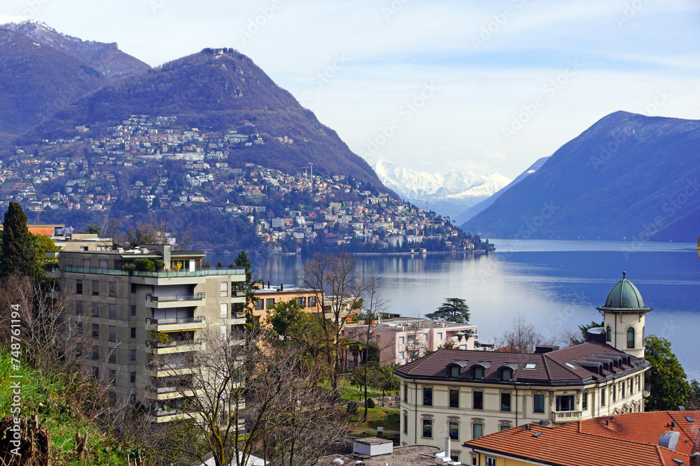 Scenic view of lake Lugano with Monte San Salvatore, Ticino, Switzerland