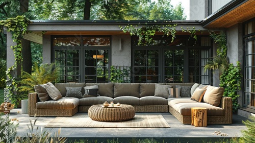Terrace with a Comfortable Leisure Sofa, Table, and Cushions in the Yard and Garden