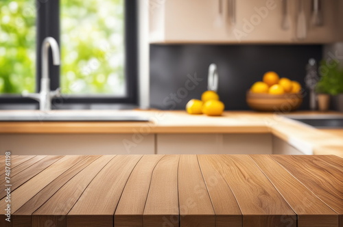 Empty Wooden Table with Kitchen Blurred Background