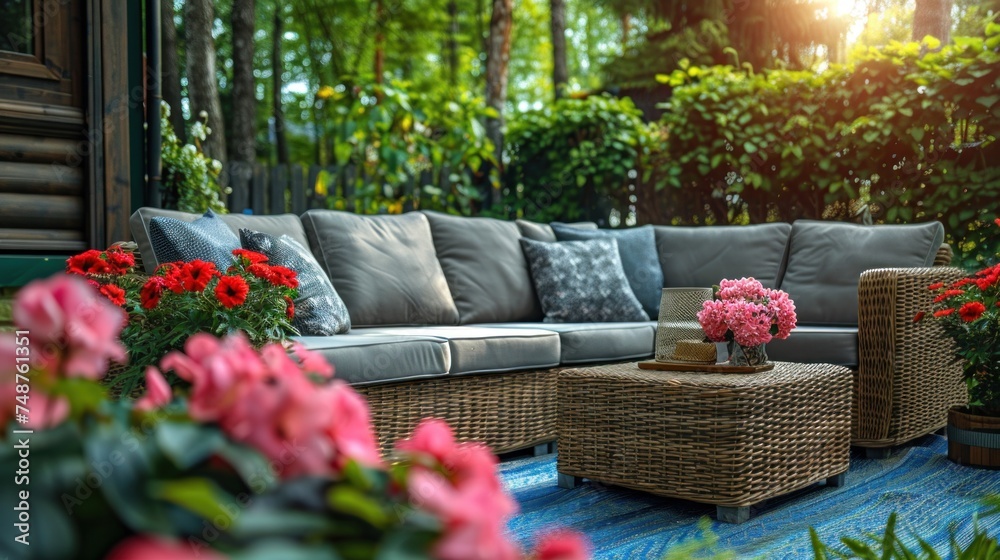 Terrace with a Comfortable Leisure Sofa, Table, and Cushions in the Yard and Garden Terrace with a Comfortable Leisure Sofa, Table, and Cushions in the Yard and Garden