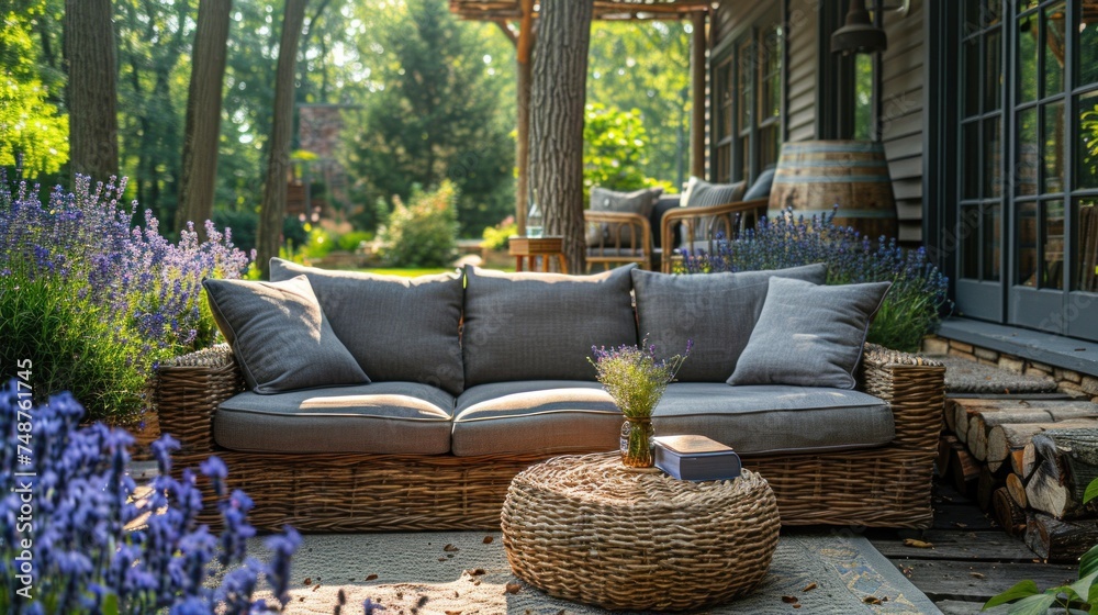 Terrace with a Comfortable Leisure Sofa, Table, and Cushions in the Yard and Garden Terrace with a Comfortable Leisure Sofa, Table, and Cushions in the Yard and Garden