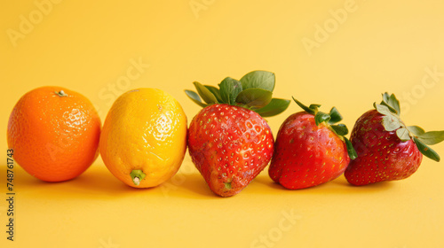 Front view of various fruits in a row with colorful over the pastel yellow background  Generative AI