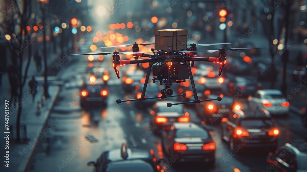 Drone hovers in the sky delivering a package swift. Generative Ai - obrazy, fototapety, plakaty 