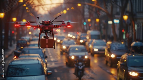 Drone hovers in the sky delivering a package swift. Generative Ai