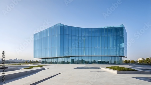 Modern architecture meets economic ambition a glass-fronted office building reaches into the blue expanse, a tribute to business innovation Generative AI