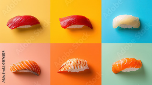 Japanese nigiri Collage with different color background, photo for advertisement, Generative AI