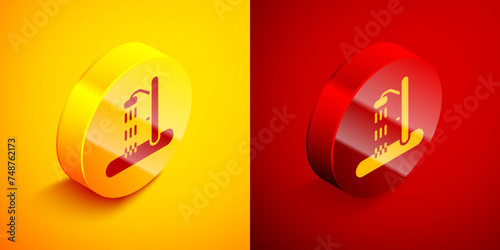 Isometric Beach shower icon isolated on orange and red background. Circle button. Vector