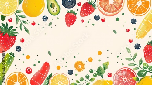 Vector illustration design of mixed fruits and vegetables background  copy space  Generative AI