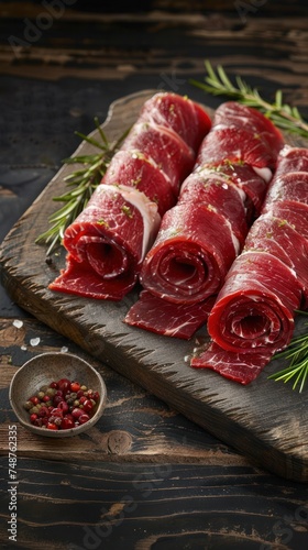 Vertical image of sliced fatty beef roll for hot pot, arranged on a wooden table, suitable for commercial use