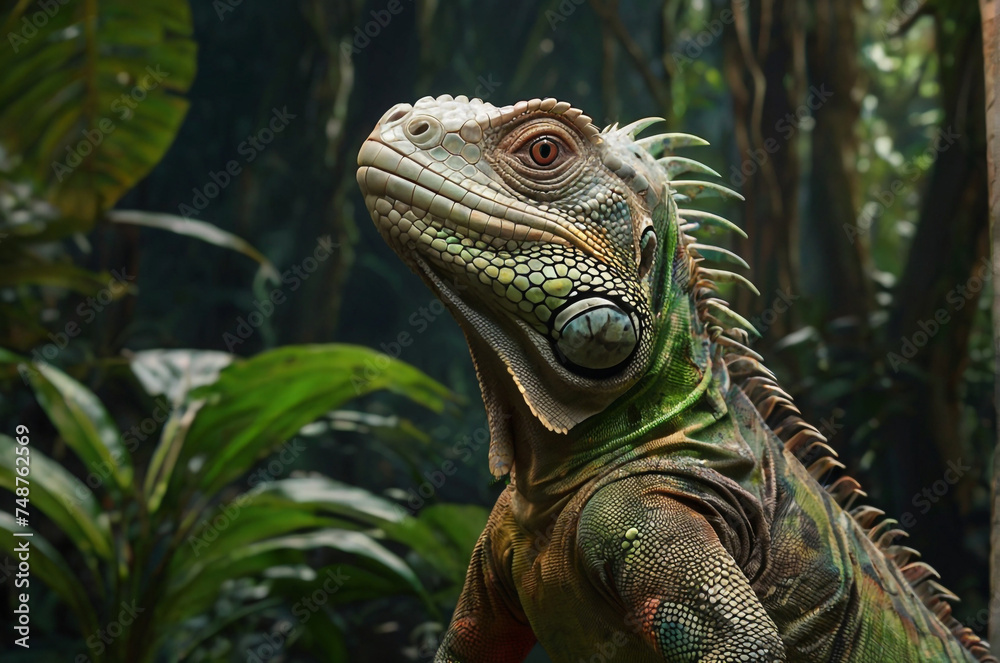 Obraz premium A big iguana in a rainforest.