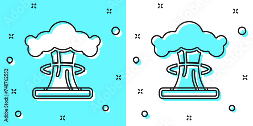 Black line Nuclear explosion icon isolated on green and white background. Atomic bomb. Symbol of nuclear war, end of world. Random dynamic shapes. Vector