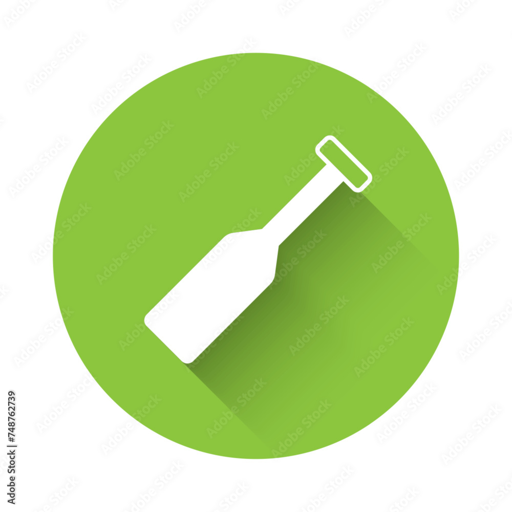 White Paddle icon isolated with long shadow background. Paddle boat oars. Green circle button. Vector
