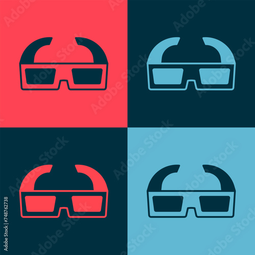 Pop art 3D cinema glasses icon isolated on color background. Vector