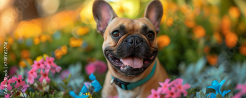 A joyful French Bulldog basks in the outdoor bliss, radiating happiness and carefree energy. Ideal for conveying the sheer joy and positive vibes that come with their playful nature.