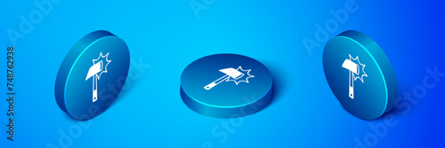 Isometric Firefighter axe icon isolated on blue background. Fire axe. Blue circle button. Vector