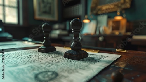 Detail of a notary's workspace with legal books and antique instruments