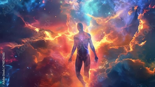 human figure floating in outer space with colorful cosmic clouds and stars, spiritual concept,  