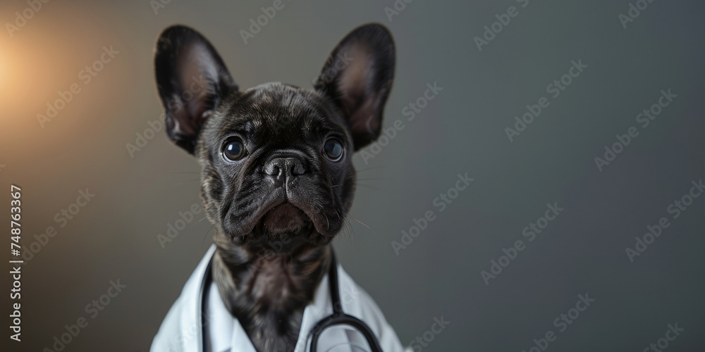Generative AI, funny doctor dog portrait in uniform on neutral background, copy space, vet clinic banner