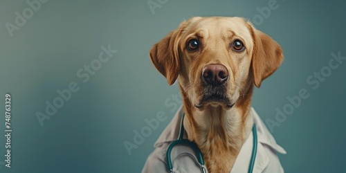 Generative AI, funny doctor dog portrait in uniform on neutral background, copy space, vet clinic banner photo