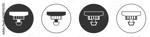 Black Smoke alarm system icon isolated on white background. Smoke detector. Circle button. Vector
