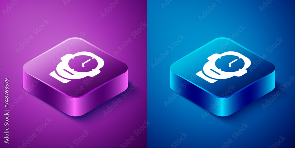 Isometric Clock icon isolated on blue and purple background. Time symbol. Square button. Vector Isometric Clock icon isolated on blue and purple background. Time symbol. Square button. Vector
