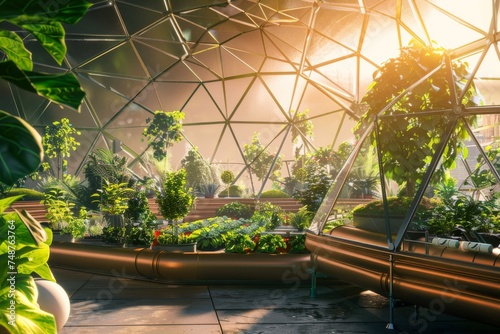 Sustainable Greenhouse Garden Bathed in Sunlight