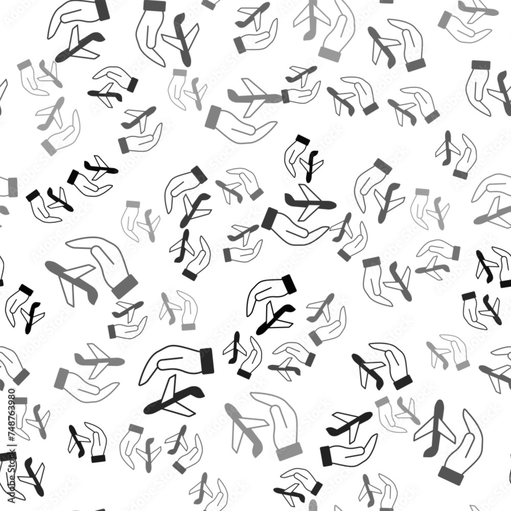Black Plane in hand icon isolated seamless pattern on white background. Flying airplane. Airliner insurance. Security, safety, protection, protect concept. Vector Black Plane in hand icon isolated seamless pattern on white background. Flying airplane. Airliner insurance. Security, safety, protection, protect concept. Vector