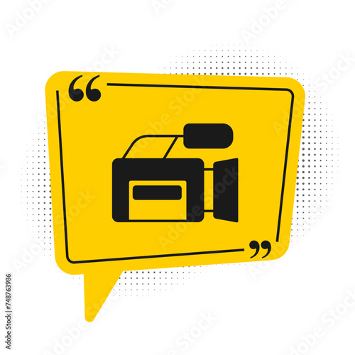 Black Cinema camera icon isolated on white background. Video camera. Movie sign. Film projector. Yellow speech bubble symbol. Vector