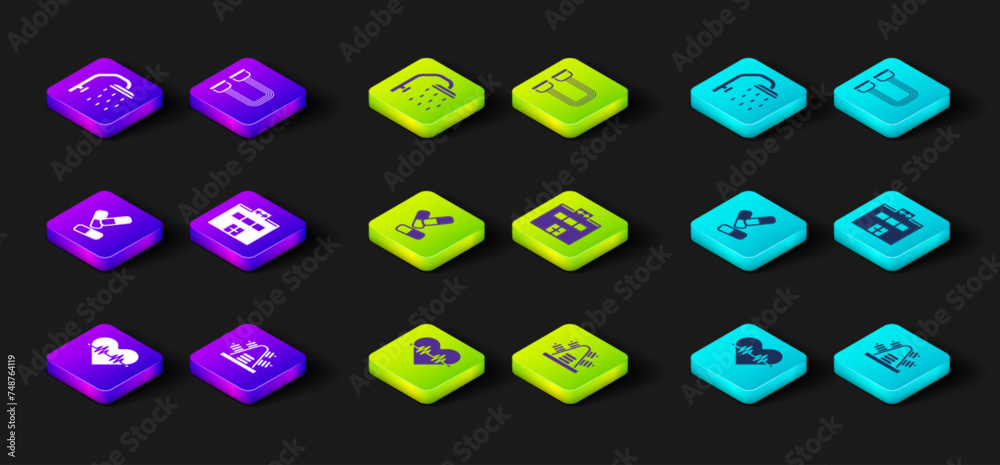 Set Heart rate, Metal rack with weights, Vitamin pill, Gym building, Chest expander and Shower head icon. Vector Set Heart rate, Metal rack with weights, Vitamin pill, Gym building, Chest expander and Shower head icon. Vector