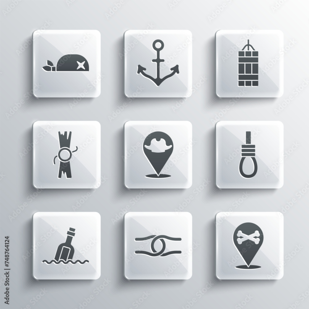 Set Rope tied in a knot, Location pirate, Gallows rope loop hanging, Bottle with message water, Decree, parchment, scroll, Pirate bandana for head and Dynamite bomb icon. Vector Set Rope tied in a knot, Location pirate, Gallows rope loop hanging, Bottle with message water, Decree, parchment, scroll, Pirate bandana for head and Dynamite bomb icon. Vector